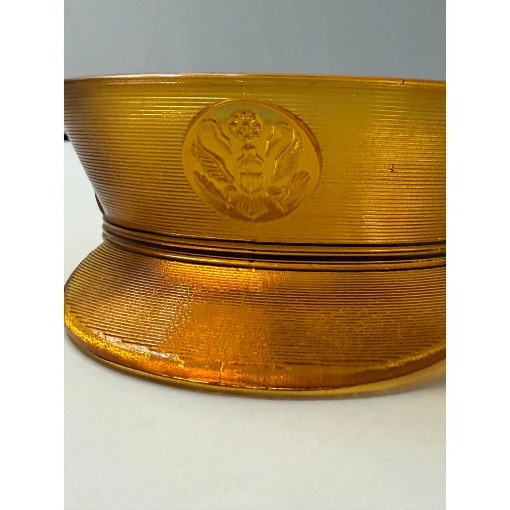 Vintage Military Service Cap Glass Bowl Amber Orange Eagle